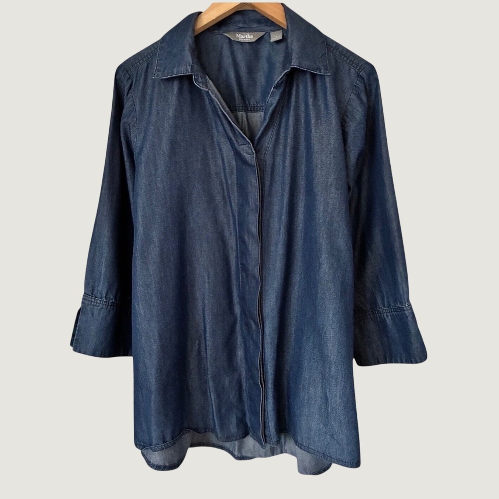Martha Stewart Women Dark Wash Denim Shirt Lyocell Blend 3/4 Sleeve Size S